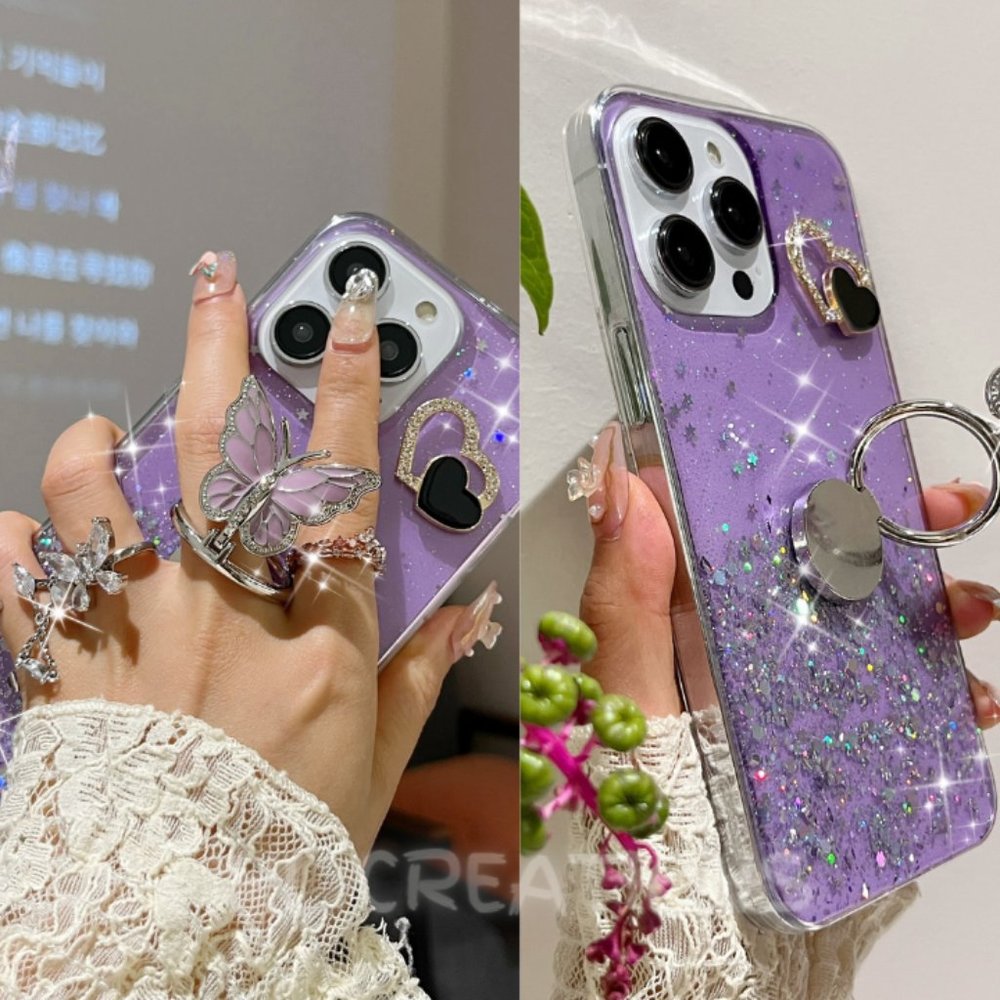 Butterfly Decor Phone Case With Ring Holder, iPhone 15/14/13/12 case